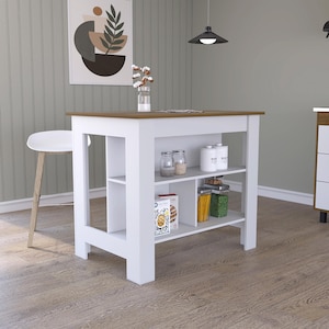 May include: White kitchen island with a wood top and open shelving. The island has three shelves and is perfect for storing kitchen essentials.