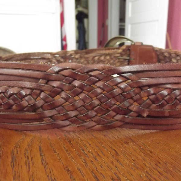 Braided Leather Belt, 2" wide, Brown, Vintage