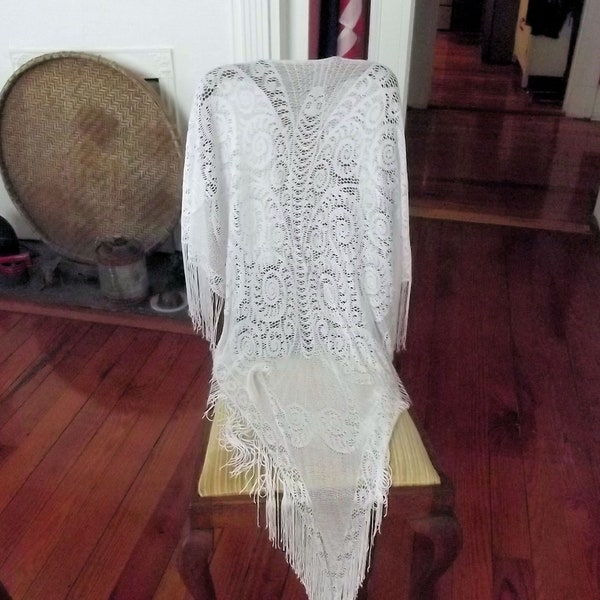 Hippie Shawl, White with Fringe and Butterfly Design, Vintage  1970's