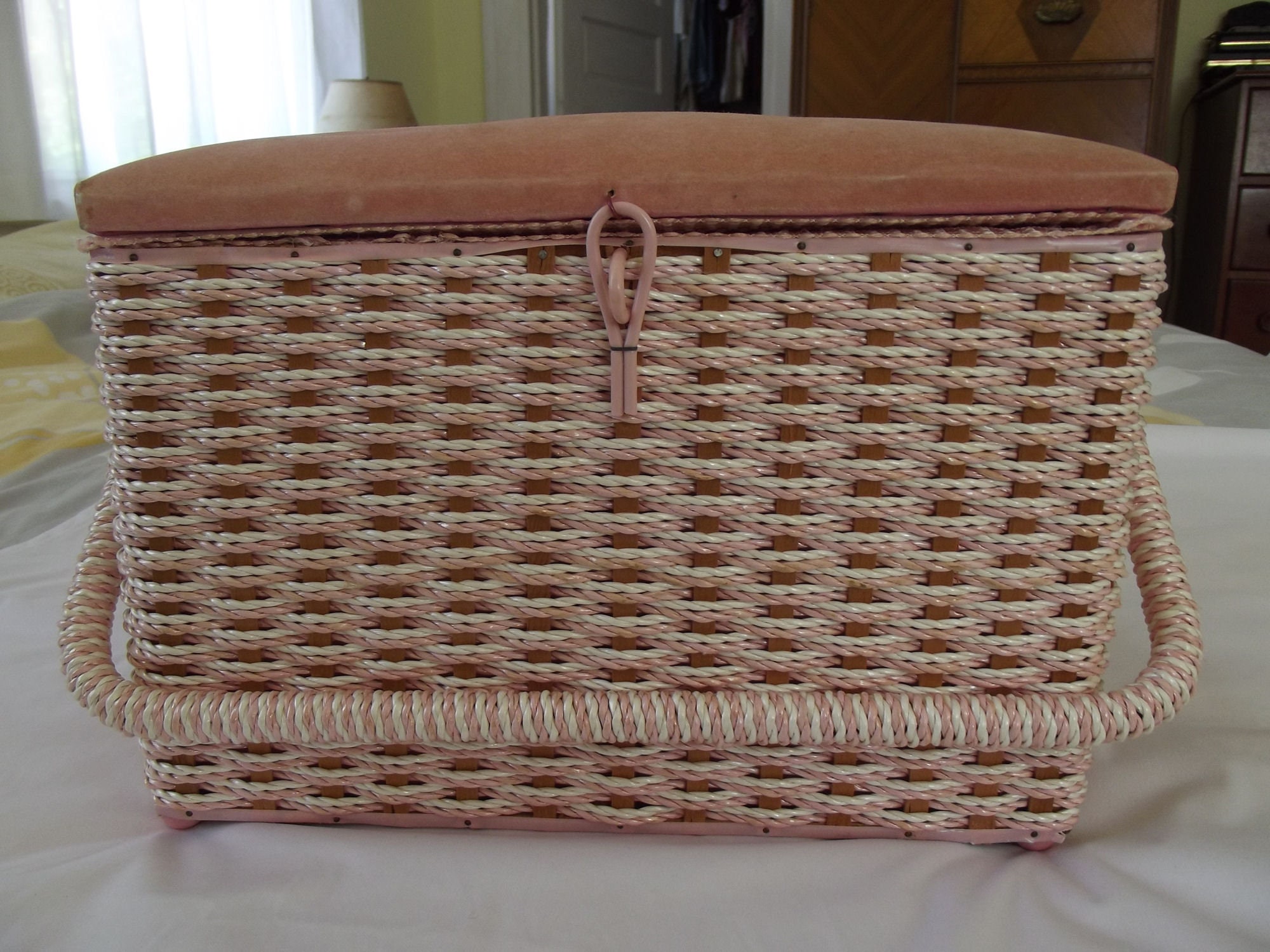 Large Vintage Pink and White Sewing Box please View Etsy