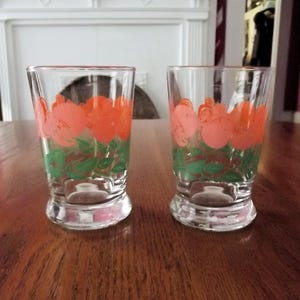 2 Orange Juice Glasses by Libbey, 1960&#39;s-70&#39;s, Orange motif, Vintage Retro