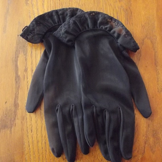 Black Nylon Gloves, Ladies, Vintage Mid Century, … - image 1