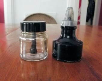 2 Small Bottles, Higgins Drawing Ink and Glue Pot, Vintage Mid Century