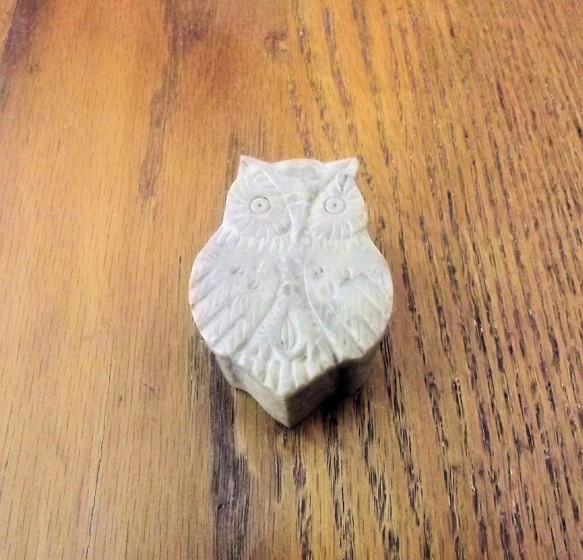 Owl Soapstone, Hand Carved, Mini Trinket Box, Vintage