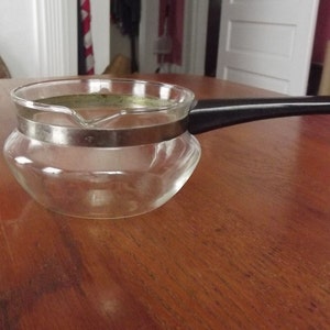 May include: A clear glass saucepan with a black handle and a silver-colored metal band around the middle. The saucepan has a pouring spout and is sitting on a wooden surface.