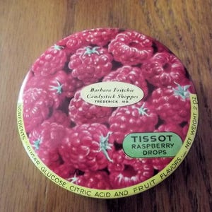 Tissot Raspberry Drops Tin,  Barbara Fritchie, Vintage Mid Century