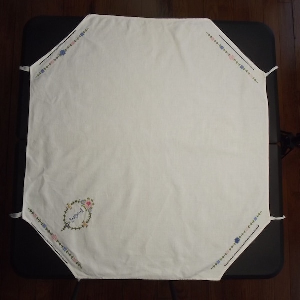 Card Table - Gaming Table Cover, Embroidered, Off White Cotton, Vintage