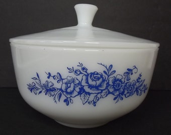 Federal Glass, Covered Casserole, Milk Glass w/Rose Design, Vintage Retro