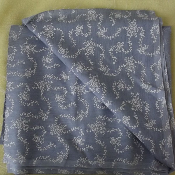 Uncut Fabric, 2-3/4 yards, Grey/Blue Denim look Cotton with White Floral Design, Vintage 1980's