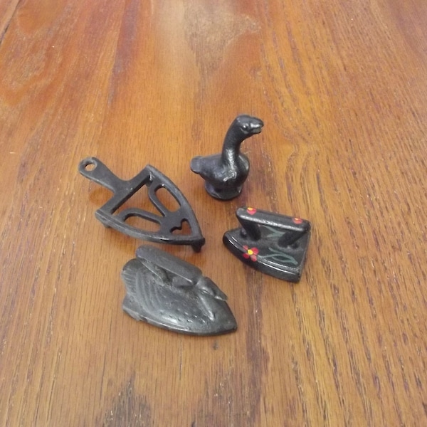 4 Cast Iron Miniatures, 2 Flat Irons, Swan or Painted, Trivet & Goose, Vintage Retro CHOICE!