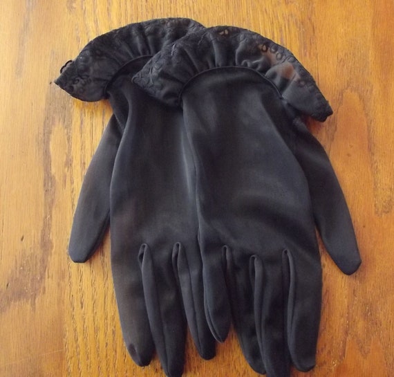 Black Nylon Gloves, Vintage Mid Century, Retro - Gem