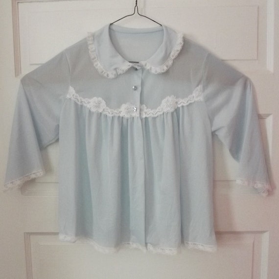 Bed Jacket, Baby Blue w/lace, Vintage Mid Century - image 4