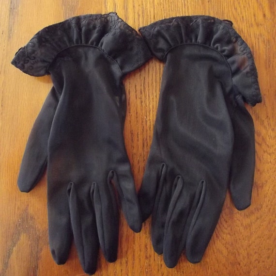 Black Nylon Gloves, Ladies, Vintage Mid Century, … - image 4