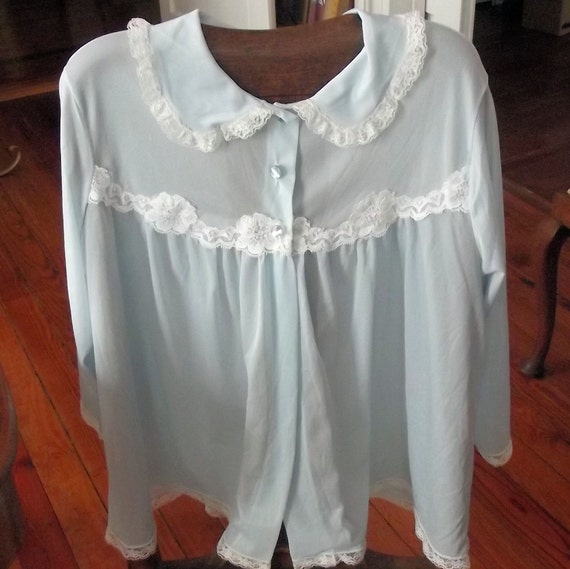 Bed Jacket, Baby Blue w/lace, Vintage Mid Century - image 2