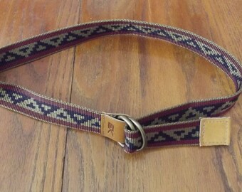 EK Woven Belt, Southwestern Style, Double D Rings, Leather Ends, Vintage