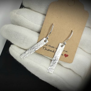 Solid Sterling silver earrings. Hammered planished drop dangle bar earrings. 925 sterling rectangular earrings. Handmade. 2.4cm length.