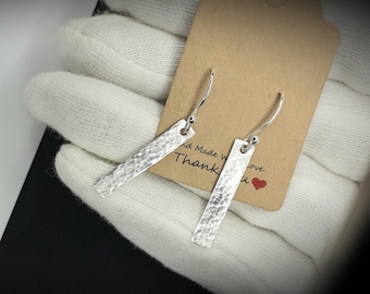 Solid Sterling silver earrings. Hammered planished drop dangle bar earrings. 925 sterling rectangular earrings. Handmade. 2.4cm length.