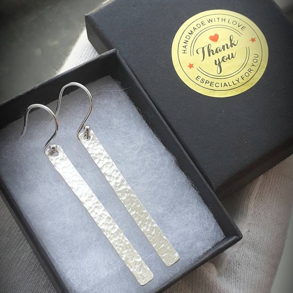 Solid Sterling silver earrings. Hammered planished drop dangle bar earrings. 925 sterling rectangular earrings. Handmade. In box. (Video4)