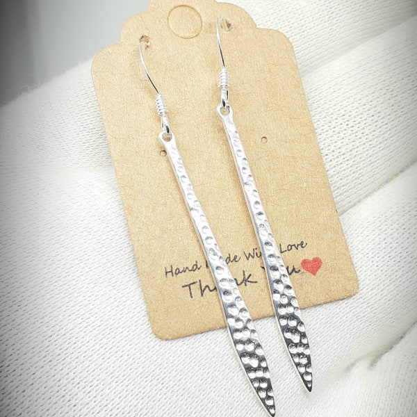 Solid Sterling silver earrings. Hammered earrings, 'dimpled spear' drop dangle earrings. 925 sterling silver, In box.