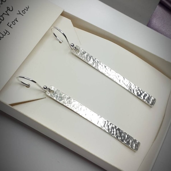 Solid Sterling silver earrings. Hammered planished drop dangle bar earrings. 925 sterling rectangular earrings. Handmade. In box. (Video2)