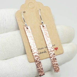 Solid copper hammered earrings. Drop dangle bar earrings. Rustic rectangular earrings. Solid Sterling silver hooks, 4mm wide (#002)
