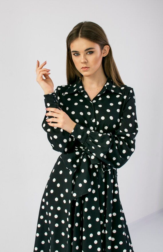 Dress With Sewn Wide Long Belt, Black Dress With White Polka Dots