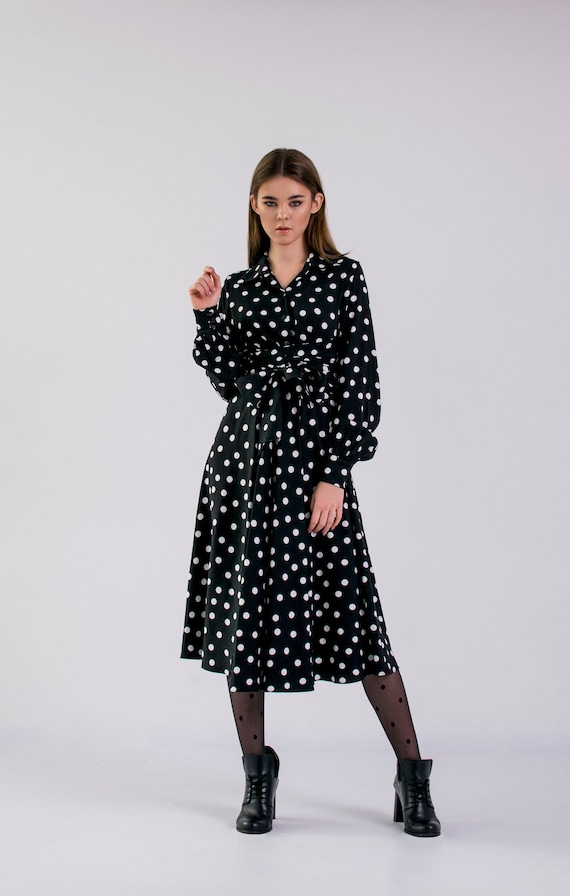 Dress With Sewn Wide Long Belt, Black Dress With White Polka Dots