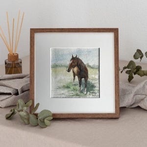 Horse Watercolor Painting – Original Plein Air Artwork – Grazing Horse on Meadow – Small Wall Art – “Free Breath” – 12x12 in Mat