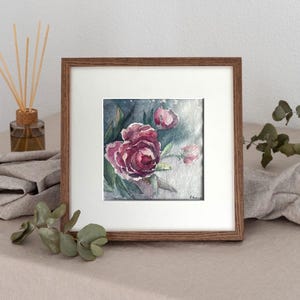 Tenerezza – Acquerello originale di peonie, 20 x 20 cm, dipinto a mano su carta di cotone Khadi, arte floreale da parete