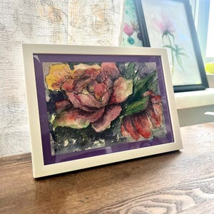 Acquerello floreale e inchiostro – “Melodia della tenerezza” – Piccolo dipinto floreale originale con cornice 13 x 19 cm