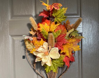 Fall wreath, front door wreath, Thanksgiving wreath, Unique wreath, fall leaves wreath, magnolia flower wreath, harvest wreath, fall foliage