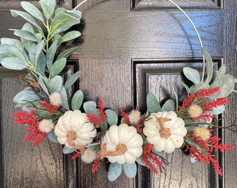 Pumpkin wreath, fall wreath, home decor, pumpkins, lambs ear