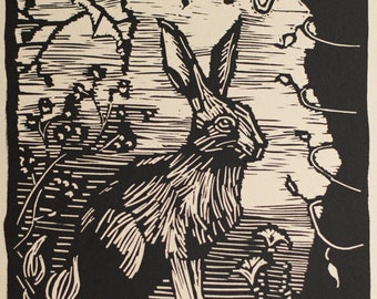 Linocut Relief Print, Rabbit in a Forest 7x9
