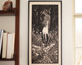 Linocut Relief Print, 11 x 22, Deer in a Forest Near a Stream, Nocturnal Nature, Black and White