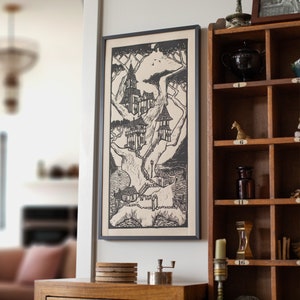 Treehouse Village, Linocut Print, 11x22