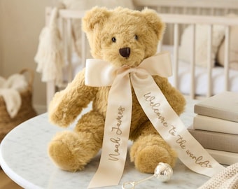 Osito de peluche personalizado con cinta bordada / Regalo para recién nacido / Regalo para bautizo o baby shower / Recuerdo personalizado para bebé