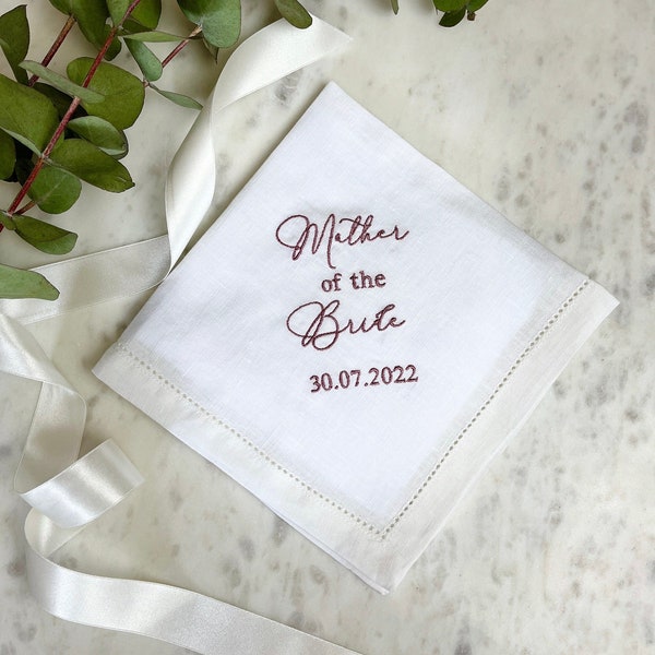 Mother Of The Bride Handkerchief | Personalised Linen Handkerchief | Wedding Handkerchief for Mother of Bride or Groom