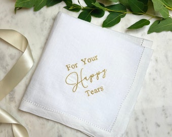 Happy Tears Wedding Handkerchief | Personalised Linen Handkerchief | Something Blue Gift For Bride or Groom