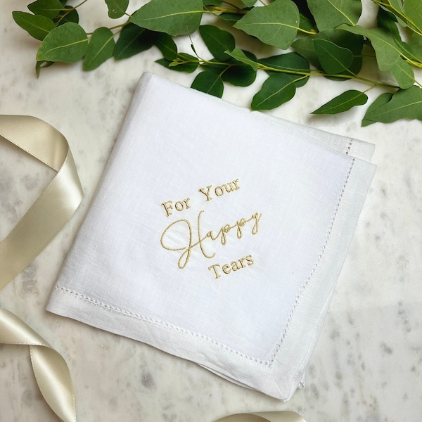 Happy Tears Wedding Handkerchief | Personalised Linen Handkerchief | Something Blue Gift For Bride or Groom