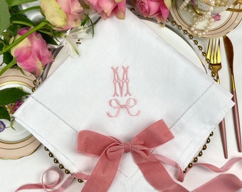 Embroidered Linen Napkin Monogram Bow  | Personalised Hemstitch Napkin | Afternoon Tea Tablewear | Reusable Washable Napkin