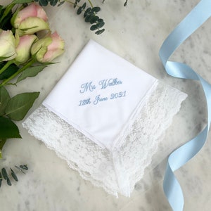 Personalised Bridal Wedding Handkerchief Embroidered Lace Handkerchief Vintage Handkerchief Bride To Be Gift Bridal Shower Gift image 1