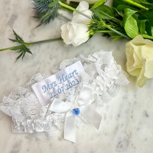 Blue Garter for Bride Personalised Garter Embroidered Garter with Swarovski Heart Lace Wedding Garter Something Blue Bride Gift image 4