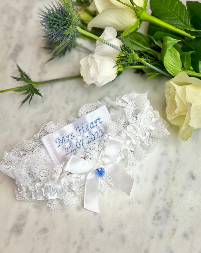 Blue Garter for Bride Personalised Garter Embroidered Garter with Swarovski Heart Lace Wedding Garter Something Blue Bride Gift image 4