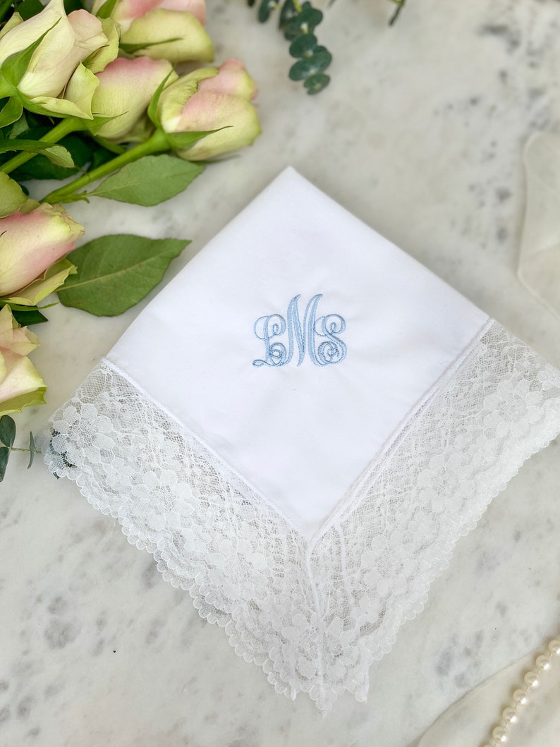 Personalised Bridal Wedding Handkerchief Embroidered Lace Handkerchief Vintage Handkerchief Bride To Be Gift Bridal Shower Gift image 2