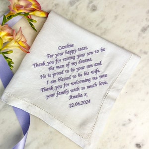 Mother In Law Handkerchief | Linen Wedding Handkerchief | Personalised Message Hanky  | Mother of the Groom Gift