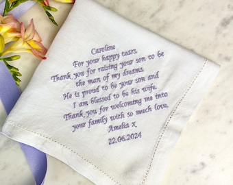 Mother In Law Handkerchief | Linen Wedding Handkerchief | Personalised Message Hanky  | Mother of the Groom Gift