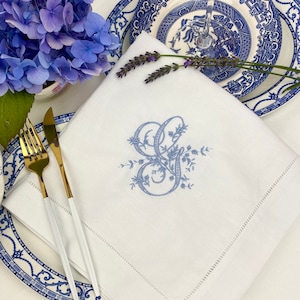 Embroidered Antique Monogram Linen Napkin | Personalised Hemstitch Napkin | Luxury Cloth Napkin | Reusable Washable Napkin