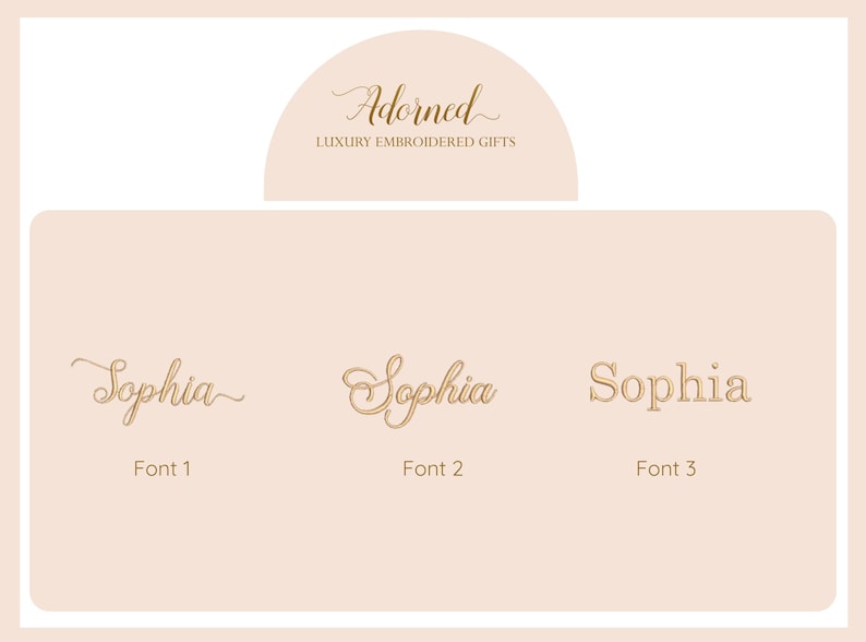 Puede incluir: Una pantalla gr&aacute;fica sobre un fondo color melocot&oacute;n claro con el texto Adorned LUXURY EMBROIDERED GIFTS en la parte superior. Debajo, el nombre Sophia se muestra en tres estilos distintos etiquetados como Font 1, Font 2 y Font 3.