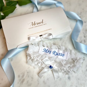 Blue Garter for Bride Personalised Garter Embroidered Garter with Swarovski Heart Lace Wedding Garter Something Blue Bride Gift image 5