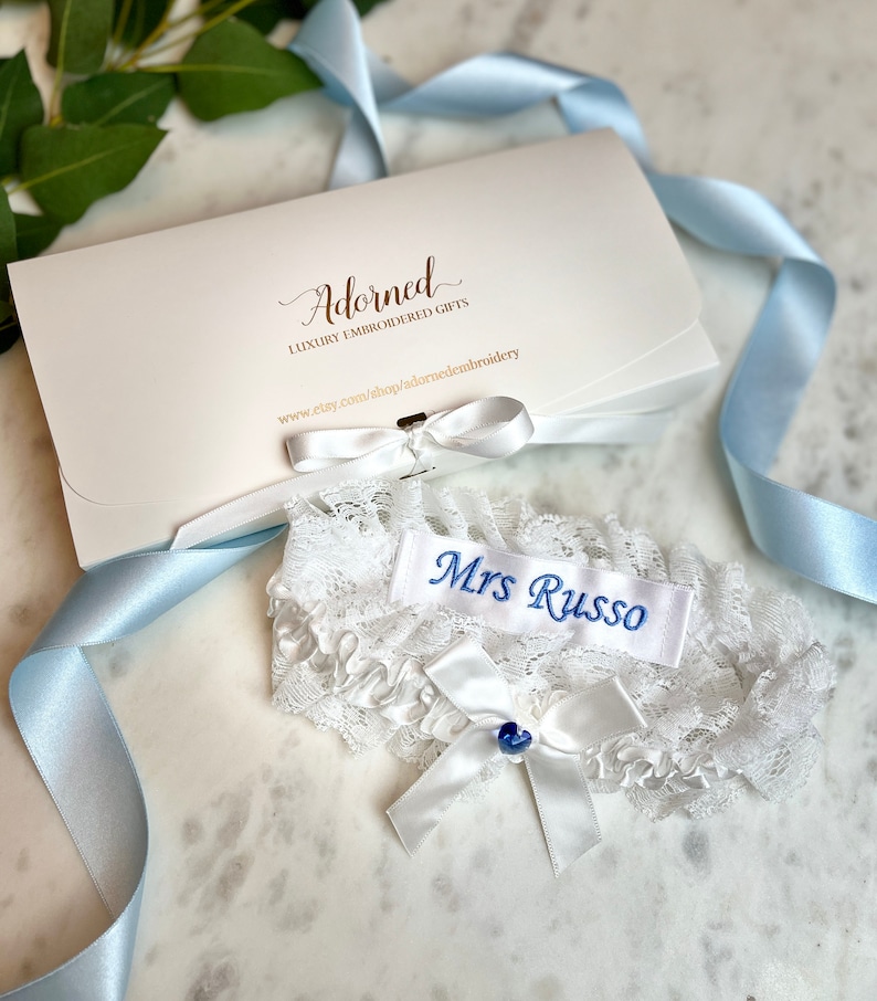 Blue Garter for Bride Personalised Garter Embroidered Garter with Swarovski Heart Lace Wedding Garter Something Blue Bride Gift image 5